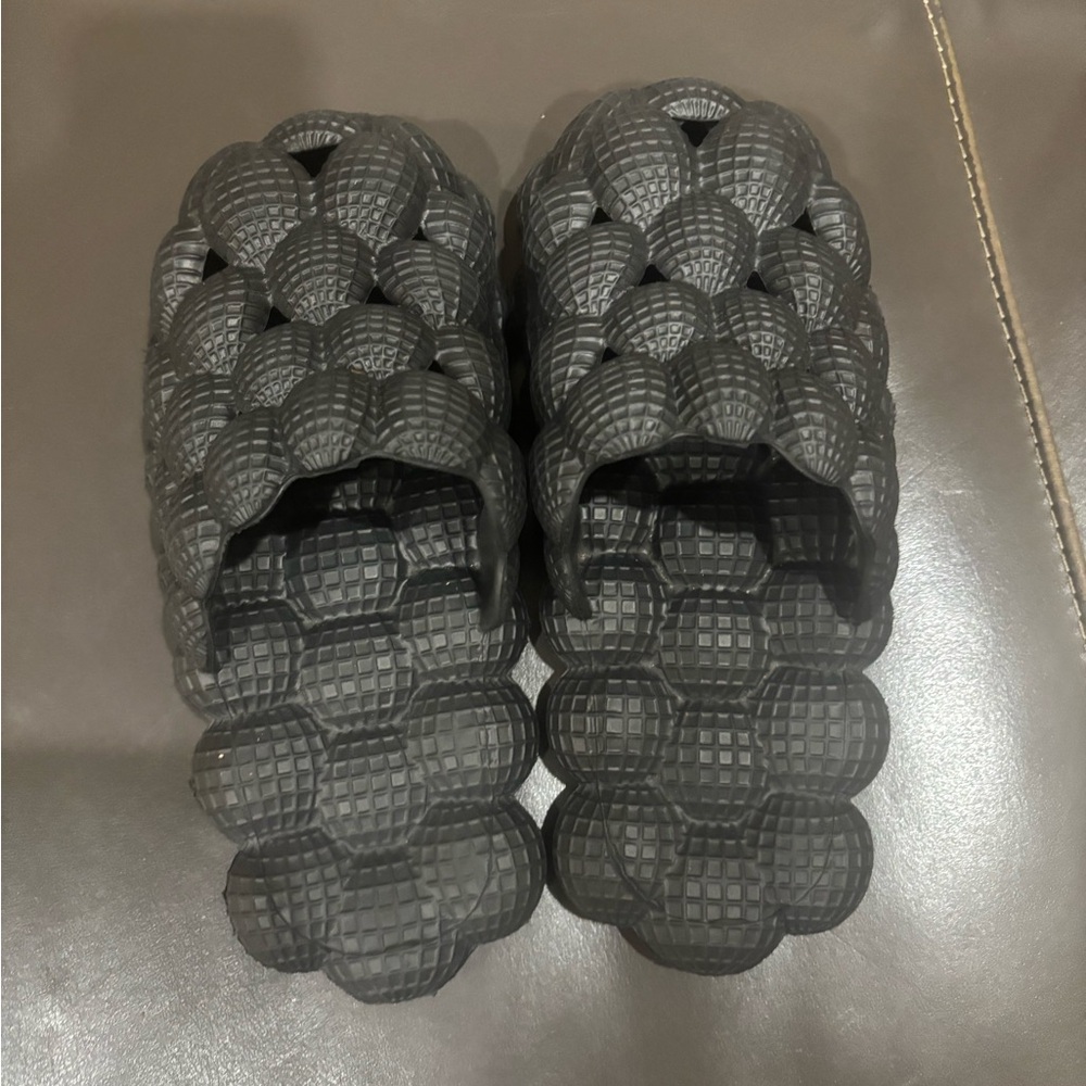 Black Textured Slide Sandals